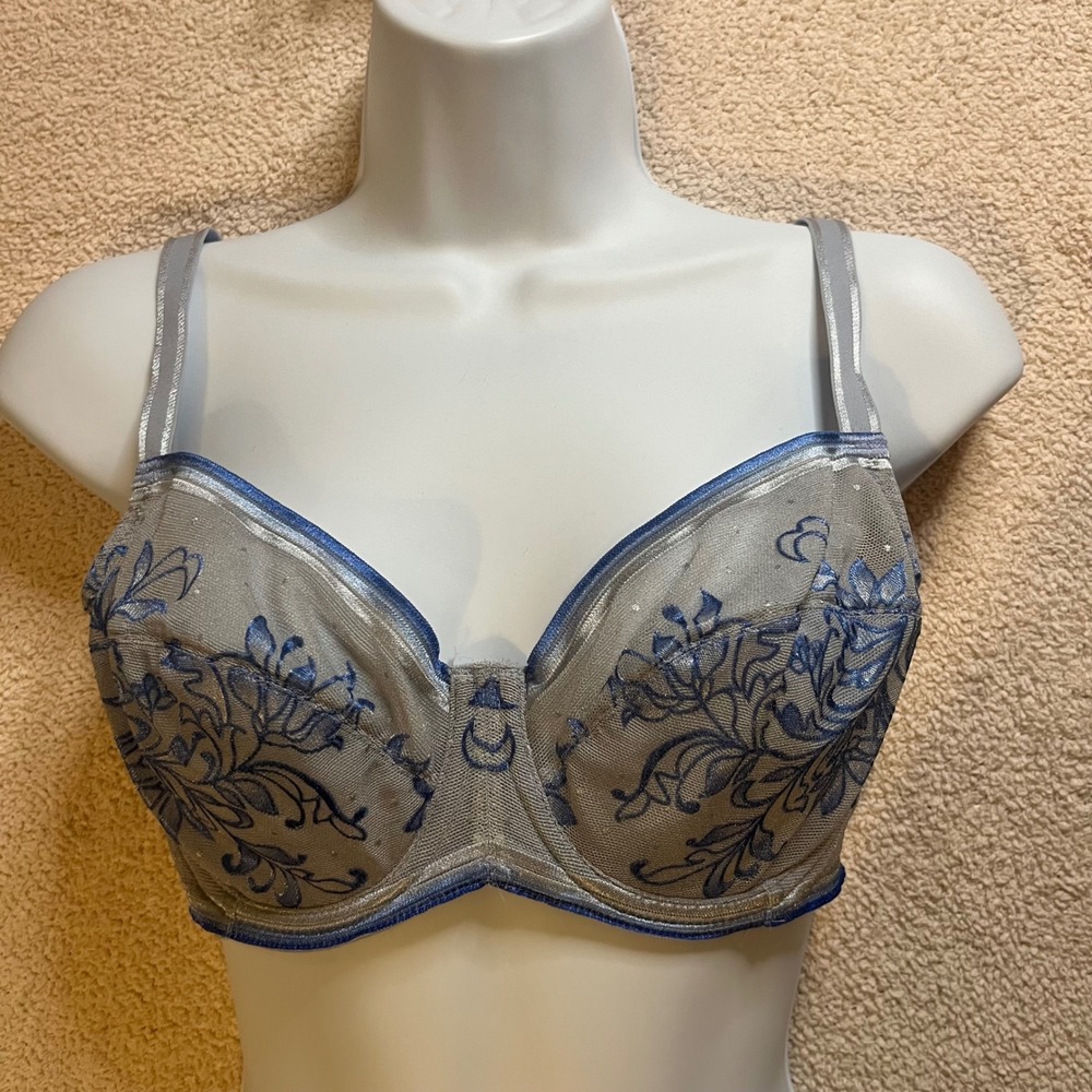 Wacoal Underwire Bra Women 34D Blue Floral Mesh Embroidered Lace Lingerie 851340
